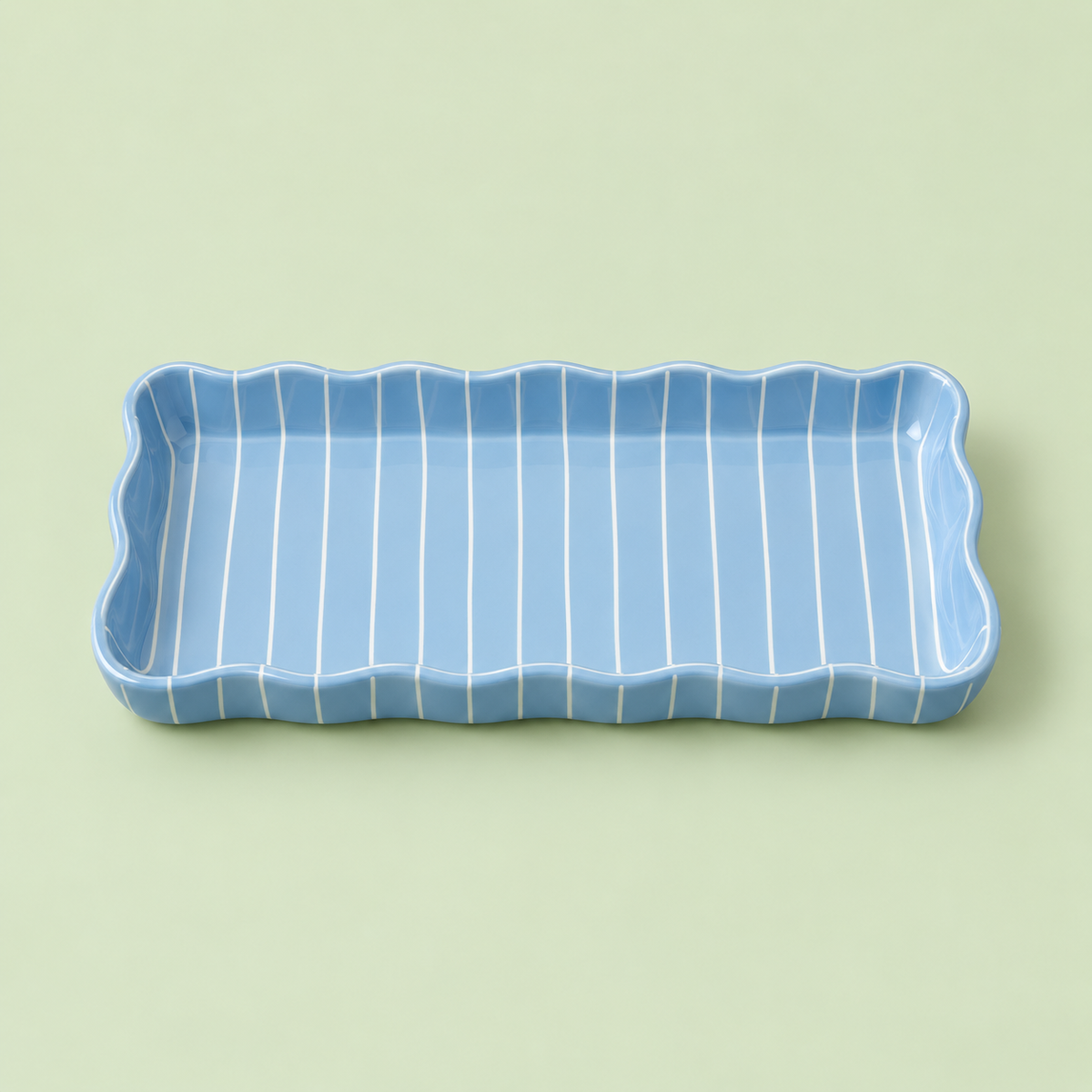 Blue Stripe Scalloped Rectangle Serving Tray