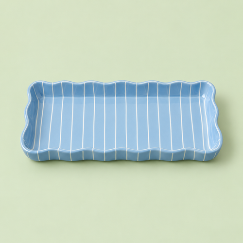 Blue Stripe Scalloped Rectangle Serving Tray