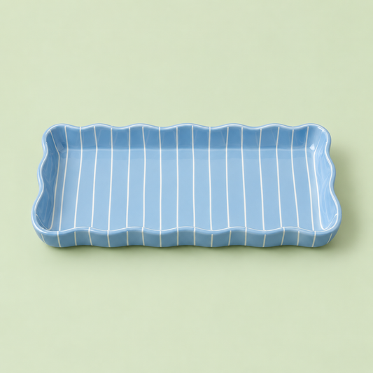 Blue Stripe Scalloped Rectangle Serving Tray
